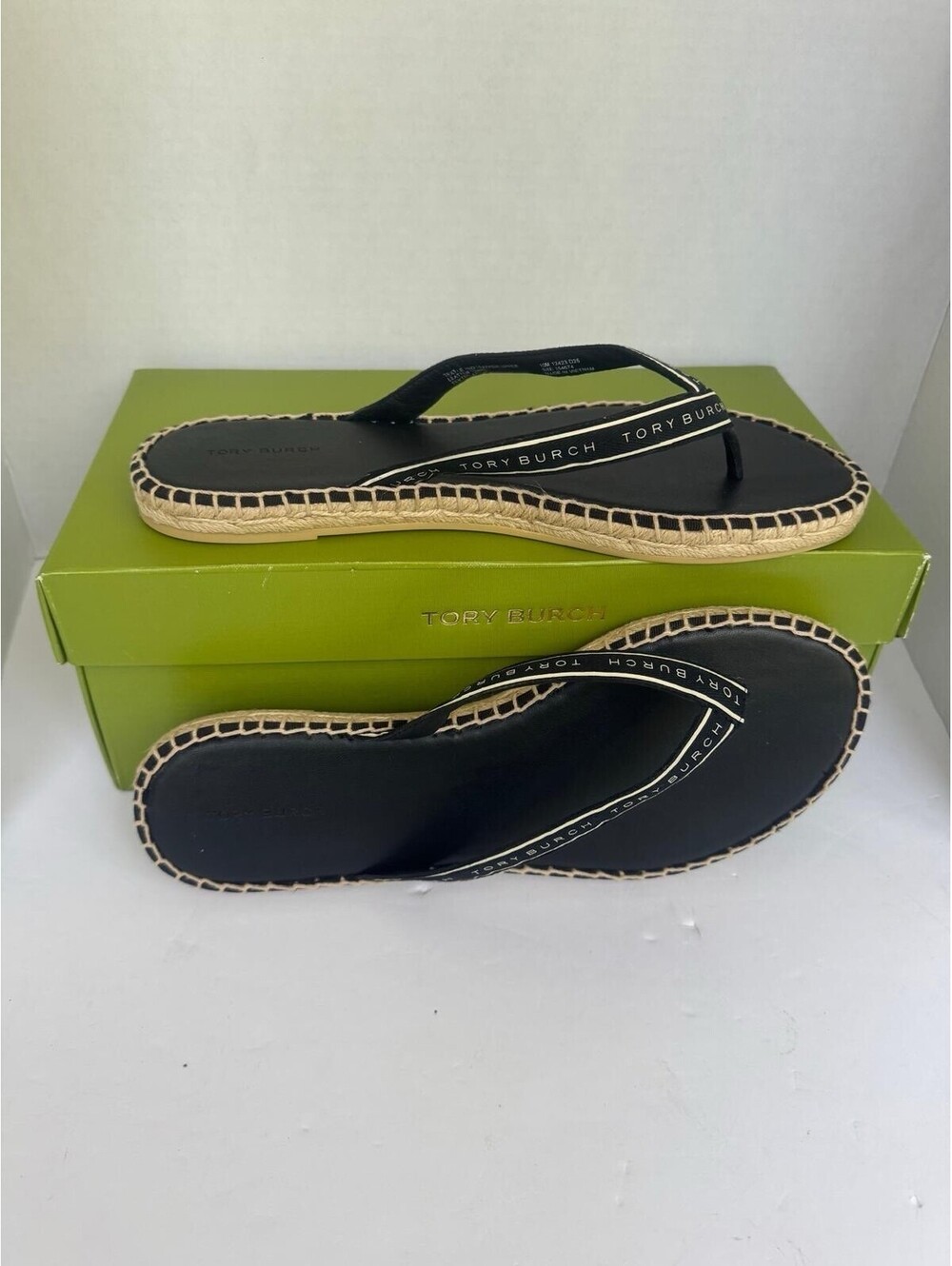Tory Burch Ribbon Thong Espadrille — Black Canvas Logo Straps | Size 10M
